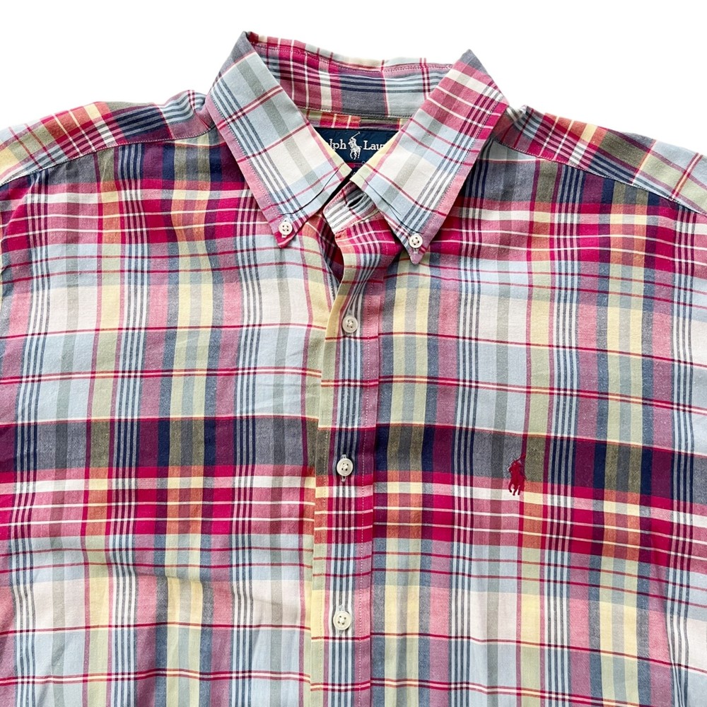 VTG Ralph Lauren BLAKE Cotton Plaid Button Down Shirt S/S Lightweight Soft Sz L